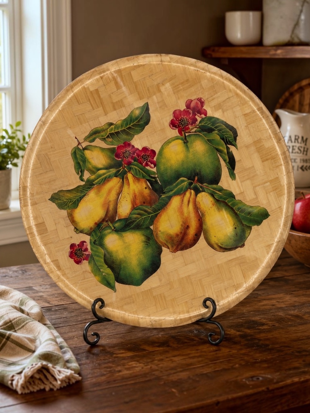 Vtg Pressed Wood Weave Fruit Bowl 14” Pear Apple Floral Serving Decorative Bowl
